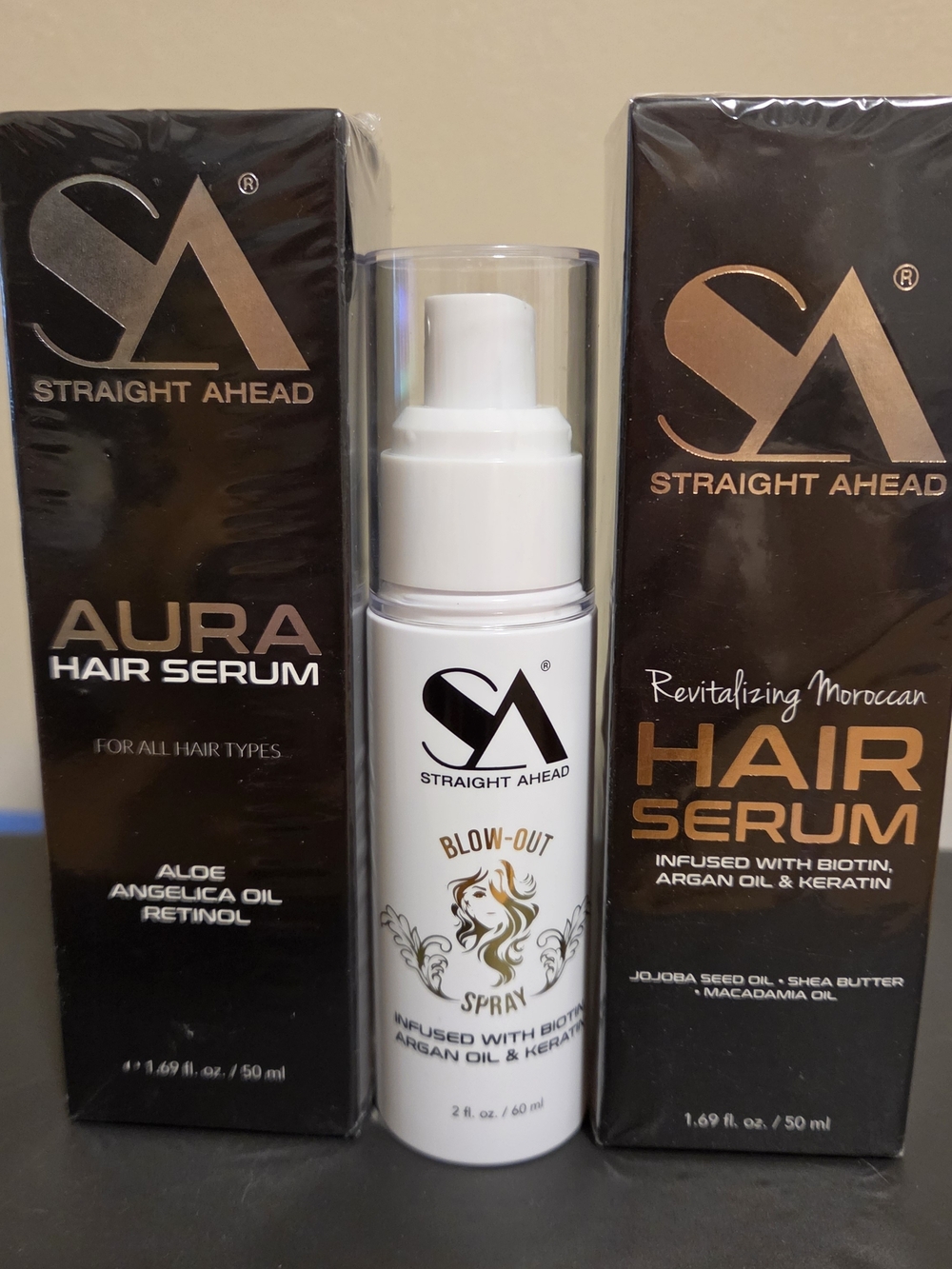 SA BLOW-OUT SPRAY, AURA HAIR SERUM, MOROCCAN HAIR SERUM